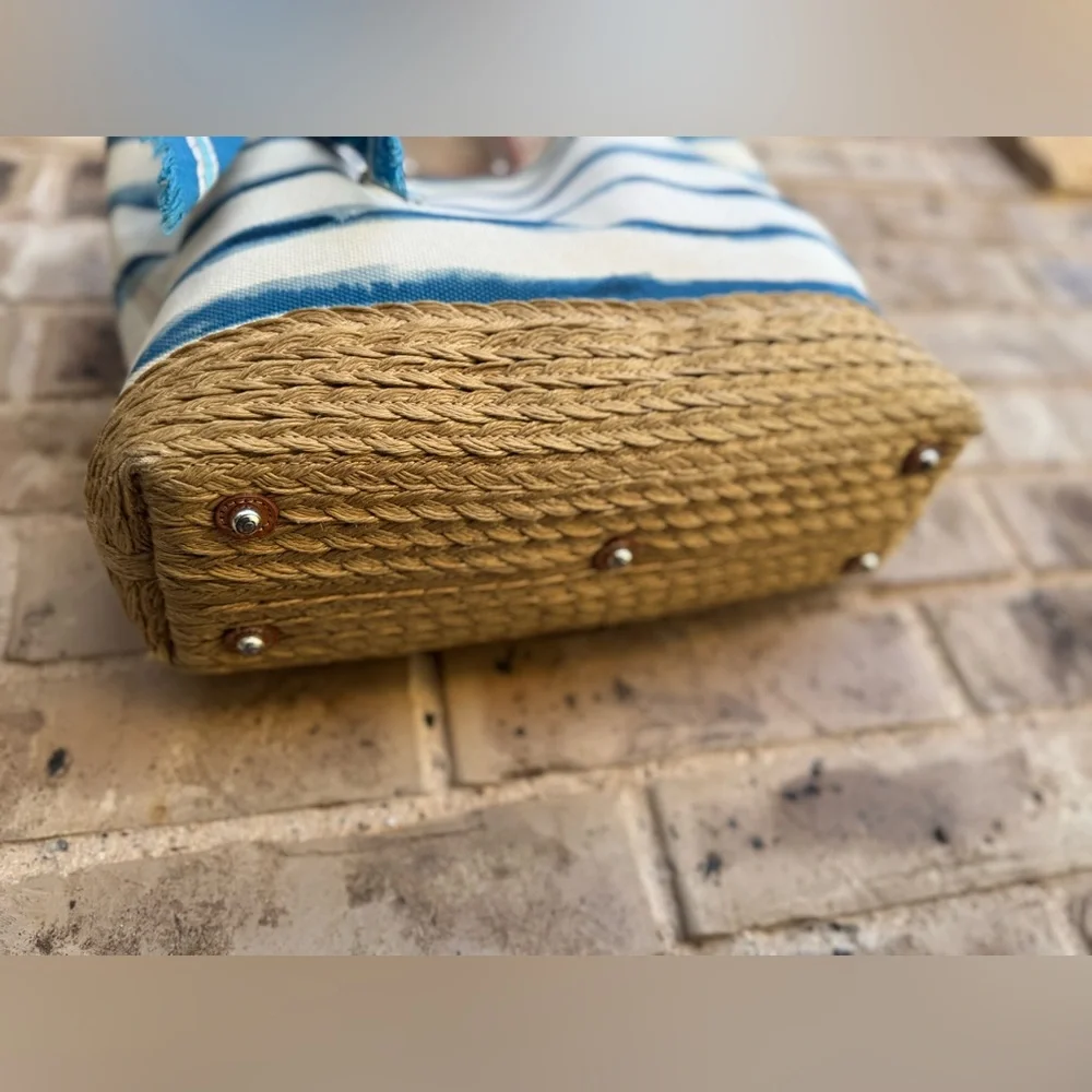 Brighton Espadrille Blue and White Striped Nautical Tote with Tan Handles - Picture 7 of 16